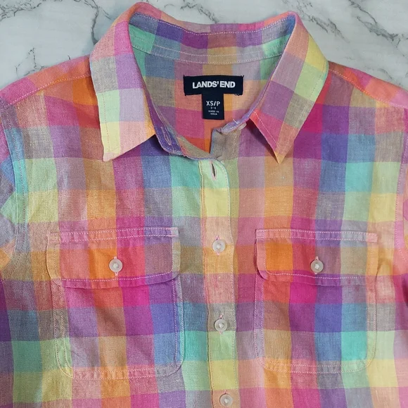 Lands' End Rainbow Madras Plaid Button Down Linen Shirt, Size XS (runs big) - Picture 5 of 9
